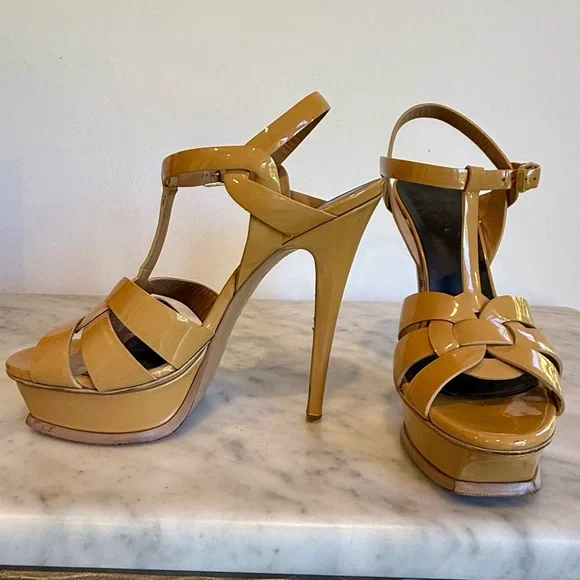 YSL Tribute Platform Sandals In Tan Patent Leather - Picture 1 of 12